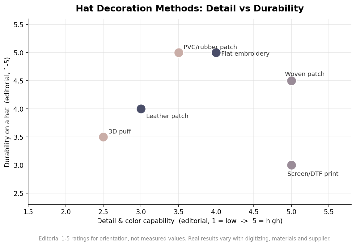 Scatter plot rating hat decoration methods by detail and color capability versus durability